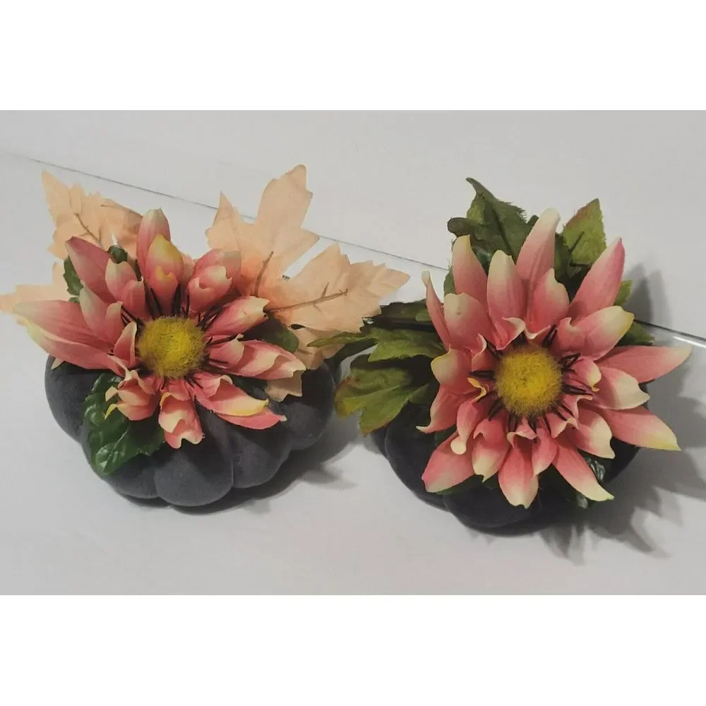 2 Gray Velvet Fabric Pumpkin Fall Floral Arrangements Home Centerpiece Decor